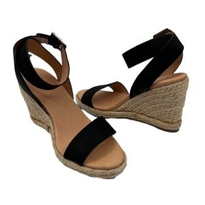 LOFT Black Wedge Espadrille Platform Ankle Strap Sandals Size 7 Women's
